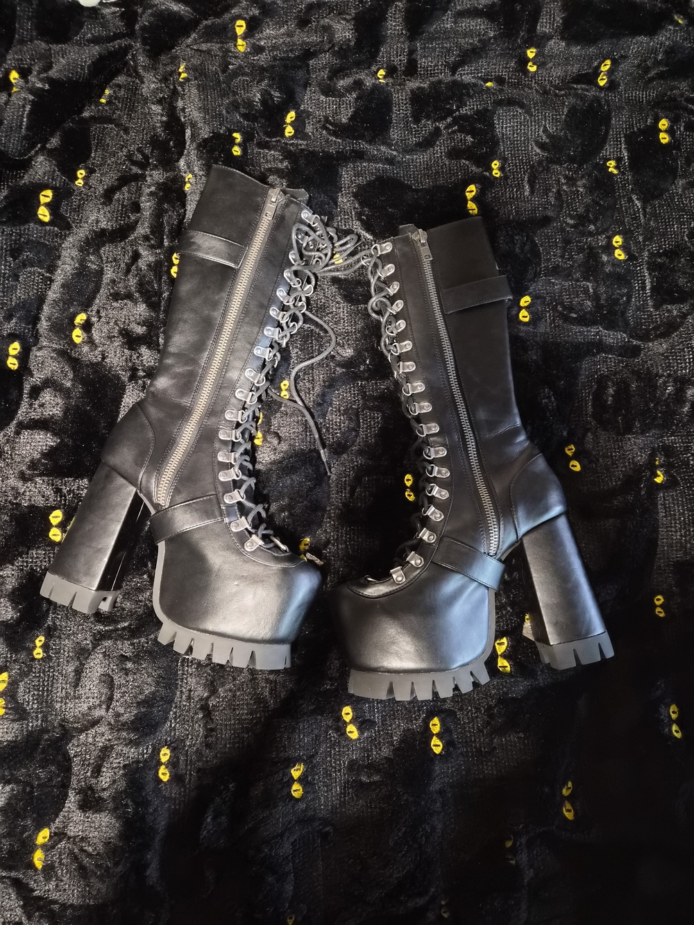 Dolls Kill Black Lace-Up Platform Heeled Boots